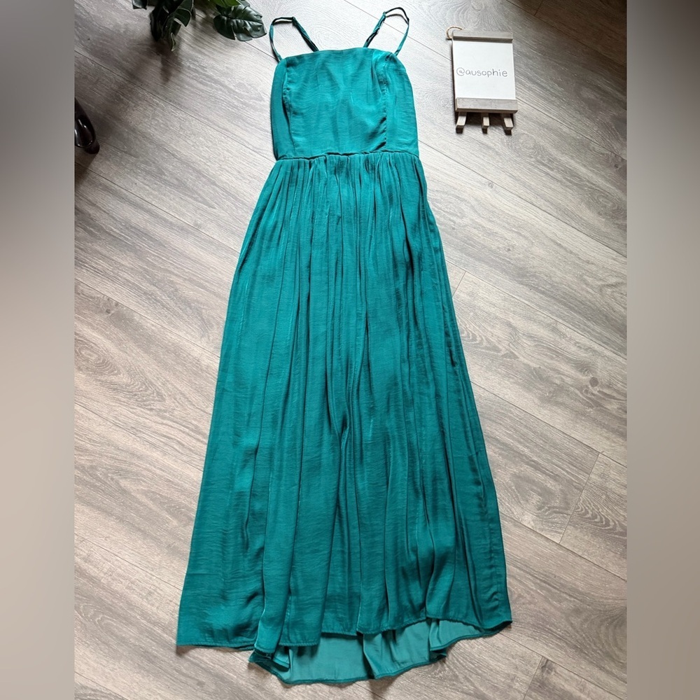 Urban Outfitters Morning Light Strappy Pleated Midi Dress Teal Green Satin Sz M - Picture 6 of 15